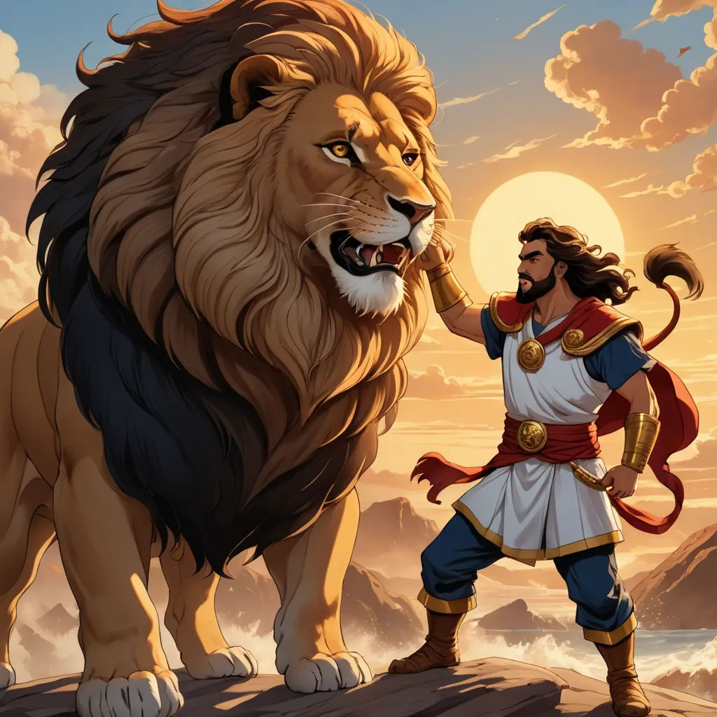 a man standing next to a lion on a mountain top with a sky background and clouds in the background, fantasy art, a comic book panel, Brothers Hildebrandt, official art