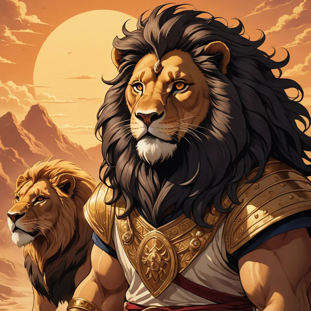 a lion and a lioness are standing in front of a sunset and mountains with clouds in the background, fantasy art, poster art, Christophe Vacher, comic cover art