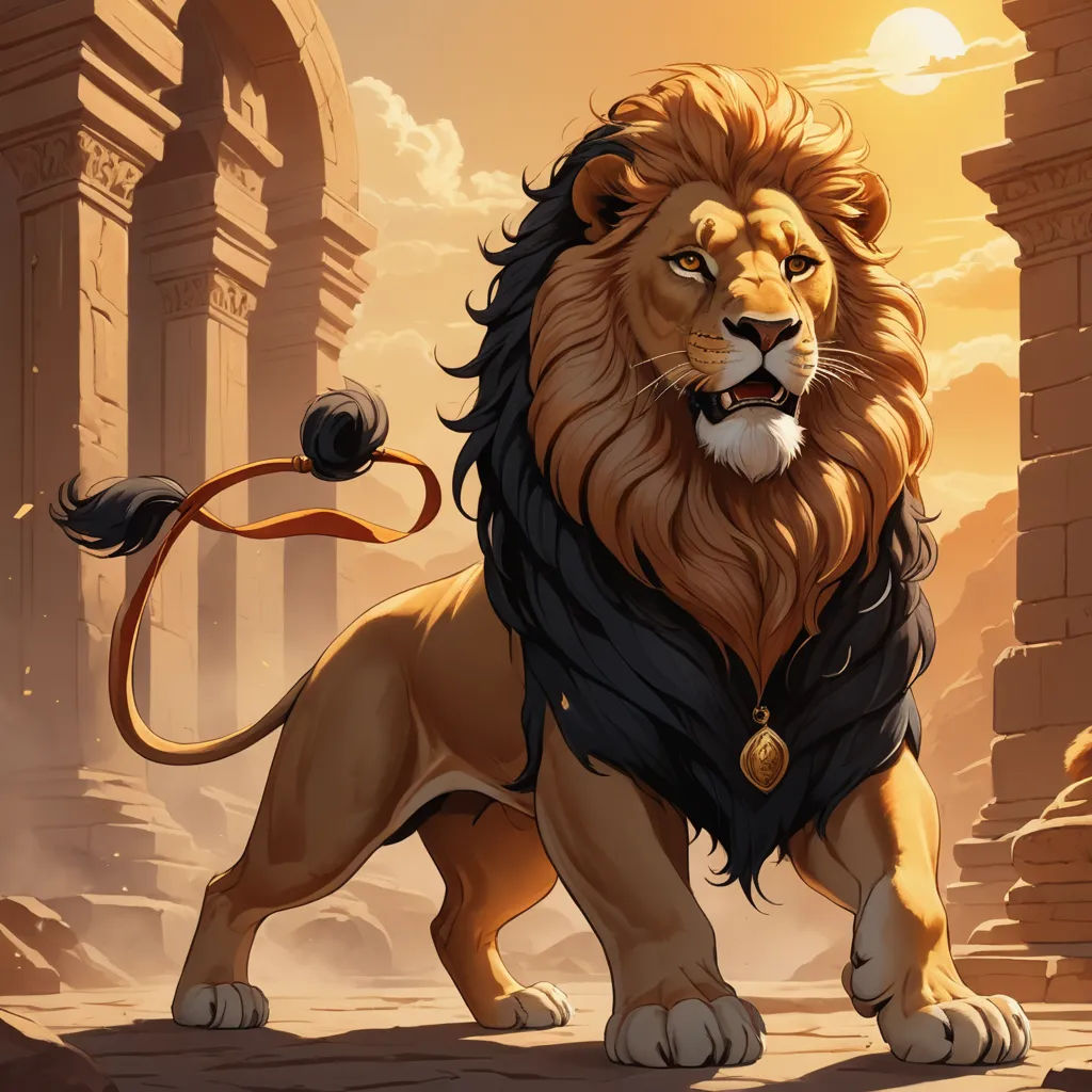 a lion with a leash in its mouth standing in front of a stone structure with a sunset in the background, fantasy art, concept art, Chris LaBrooy, magic the gathering artwork
