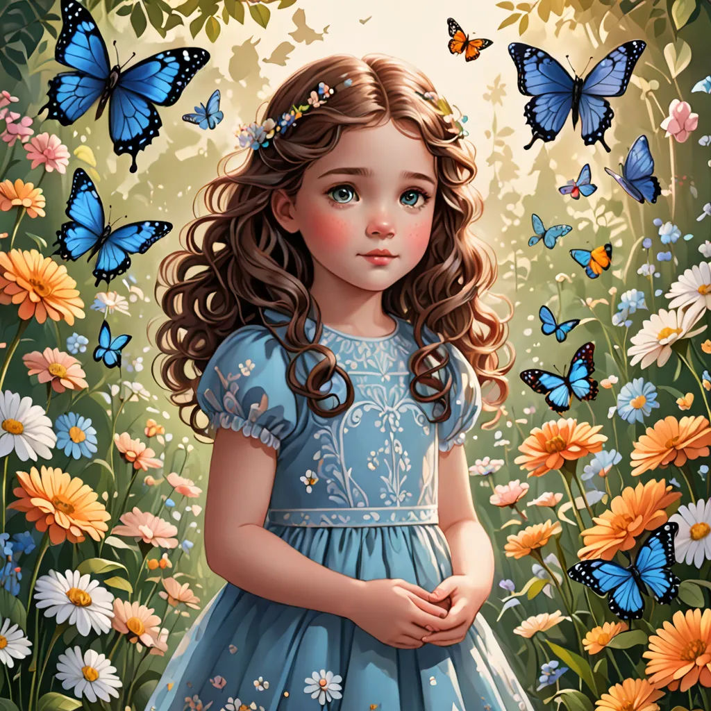 a painting of a little girl in a blue dress surrounded by flowers and butterflies, with a butterfly - themed background, fantasy art, a storybook illustration, Anne Stokes, highly detailed digital painting