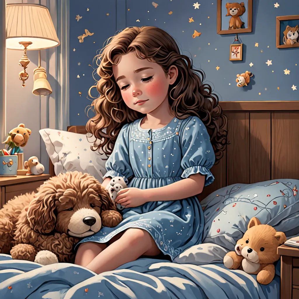 a little girl sitting on a bed with a teddy bear and a teddy bear toy in her hand and a teddy bear on the bed, figurative art, a storybook illustration, Bob Byerley, highly detailed digital painting