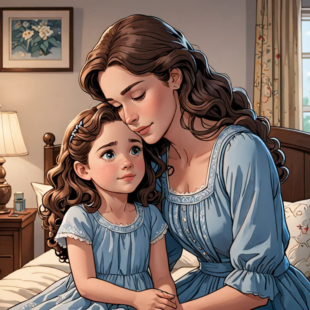a woman and a child sitting on a bed together in a room with a window and a lamp on the side, gothic art, a storybook illustration, Anne Said, storybook illustration