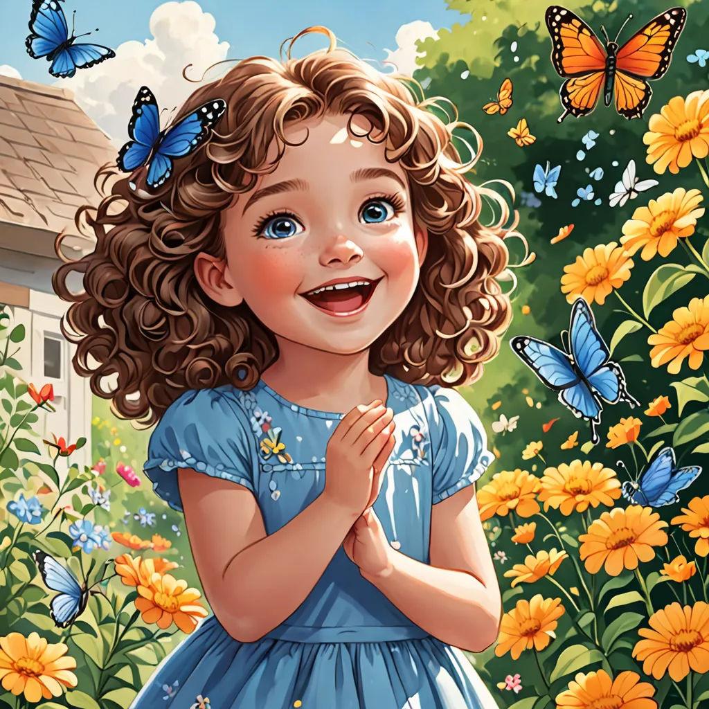 a little girl standing in a field of flowers with butterflies around her and a house in the background with a butterfly on her hand, magic realism, a storybook illustration, Chris Rallis, highly detailed digital painting