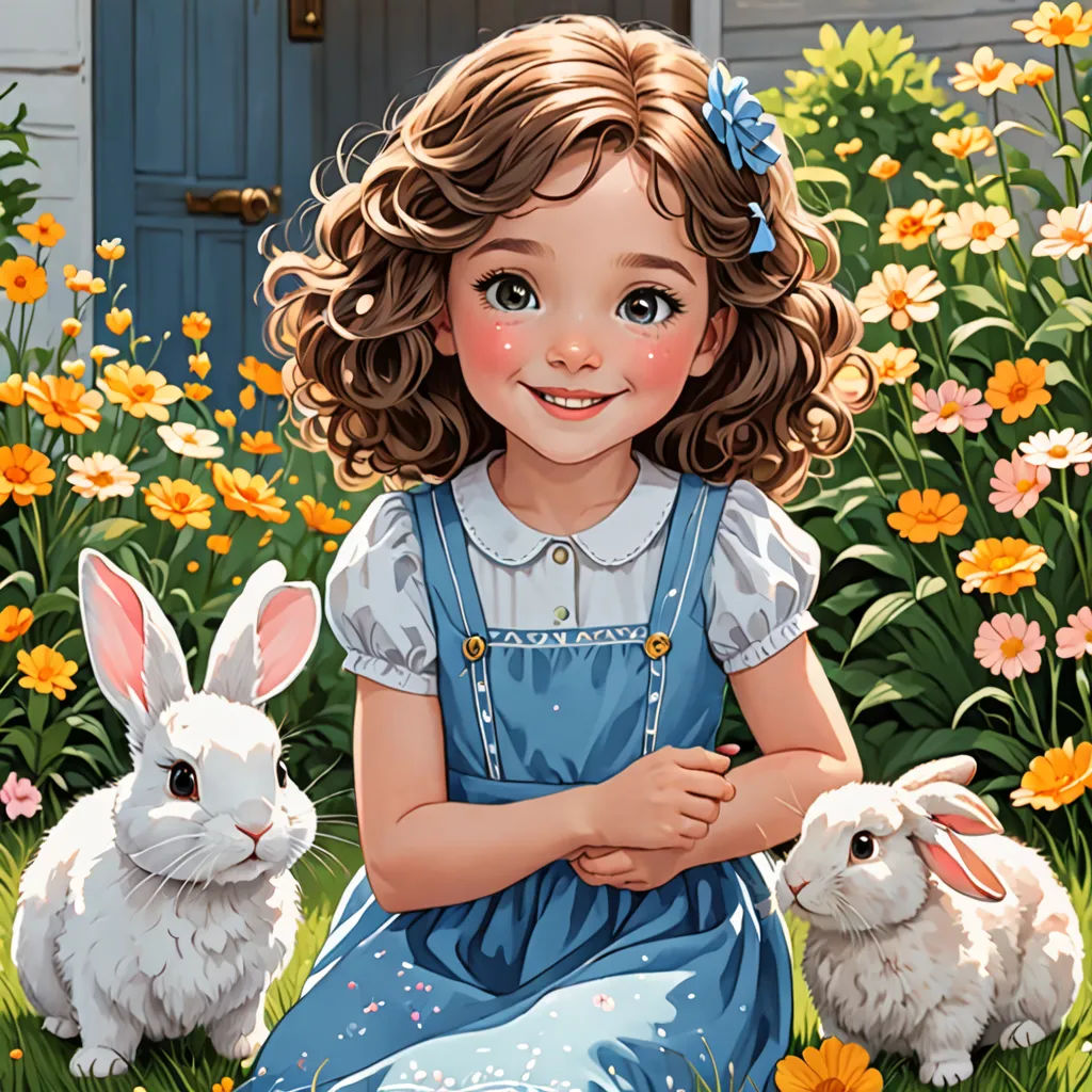 a painting of a girl sitting in a field with two rabbits in front of her and a blue door, photorealism, a storybook illustration, Alice Prin, highly detailed digital painting