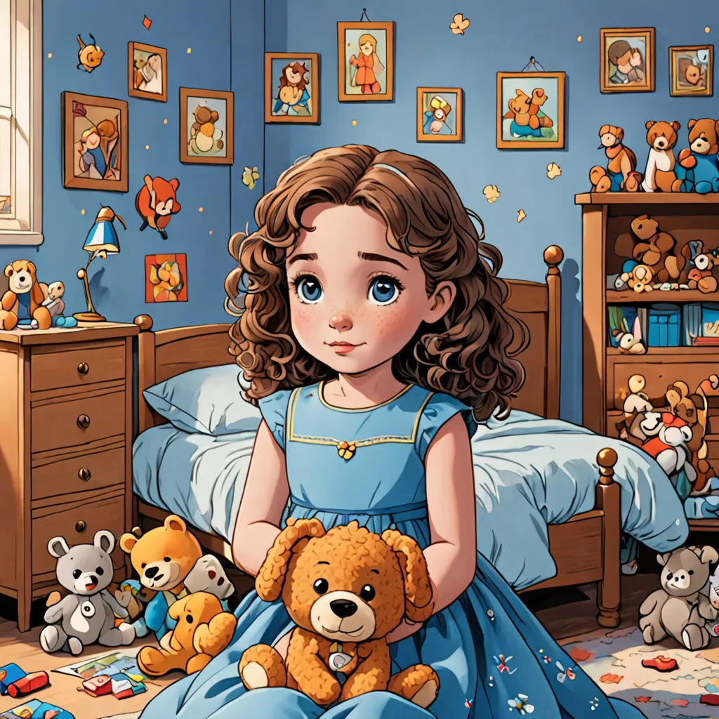 a little girl sitting on a bed with a teddy bear in her hand and a teddy bear in her other hand, lyco art, a storybook illustration, Clarice Beckett, storybook illustration