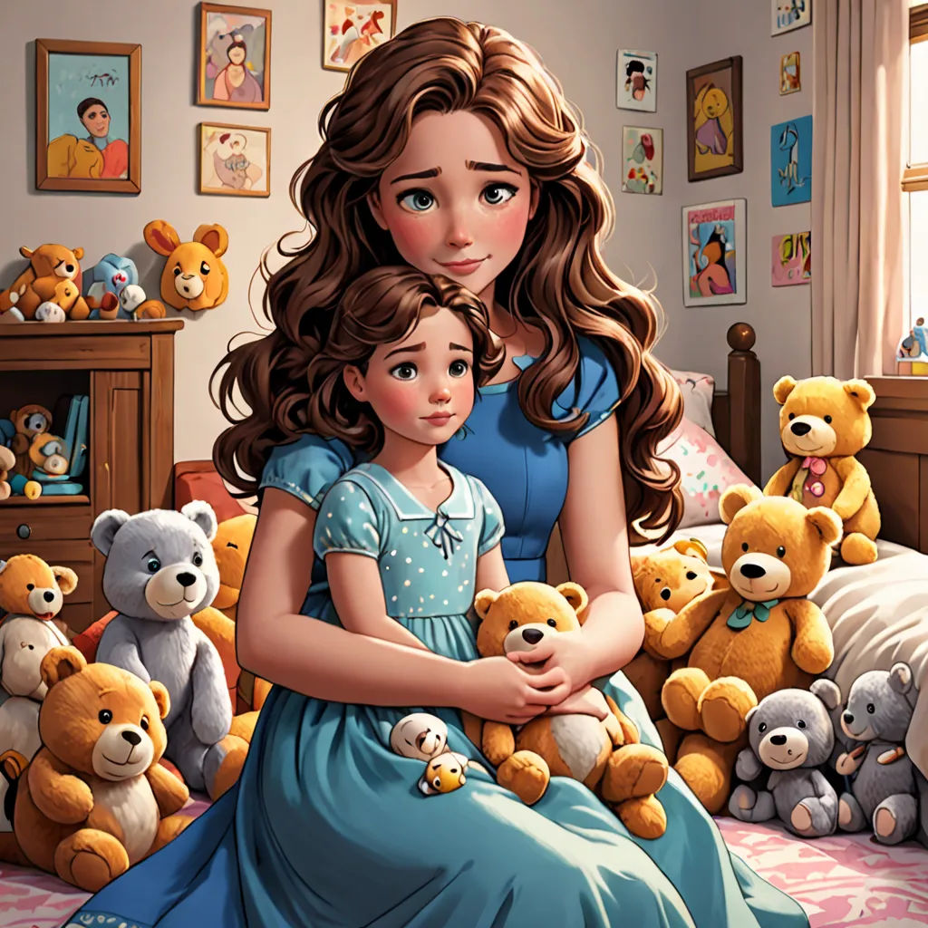 a painting of a woman and a child sitting in a bed with teddy bears in the background and a wall with pictures on it, remodernism, a storybook illustration, disney, storybook illustration