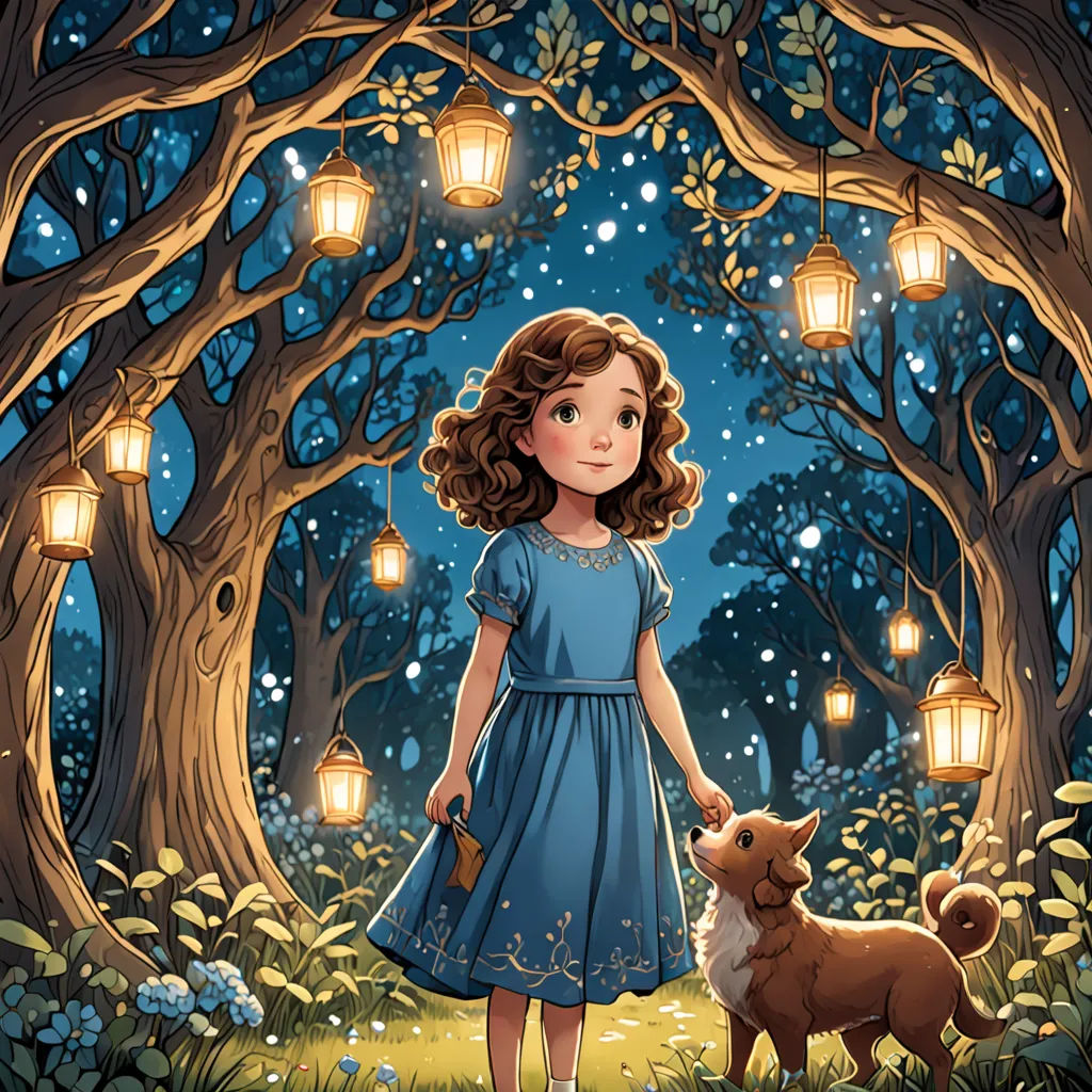a girl in a blue dress holding a dog's leash in a forest with lanterns hanging from the trees, fantasy art, a storybook illustration, Elinor Proby Adams, storybook illustration