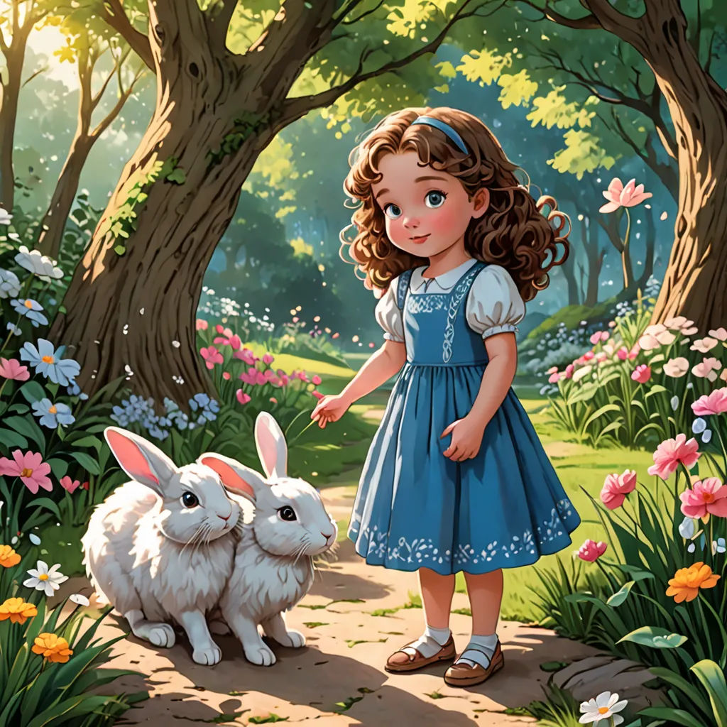 a little girl standing next to a white bunny in a forest with flowers and trees behind her, with a forest scene behind her, fantasy art, a storybook illustration, Alice Prin, official art
