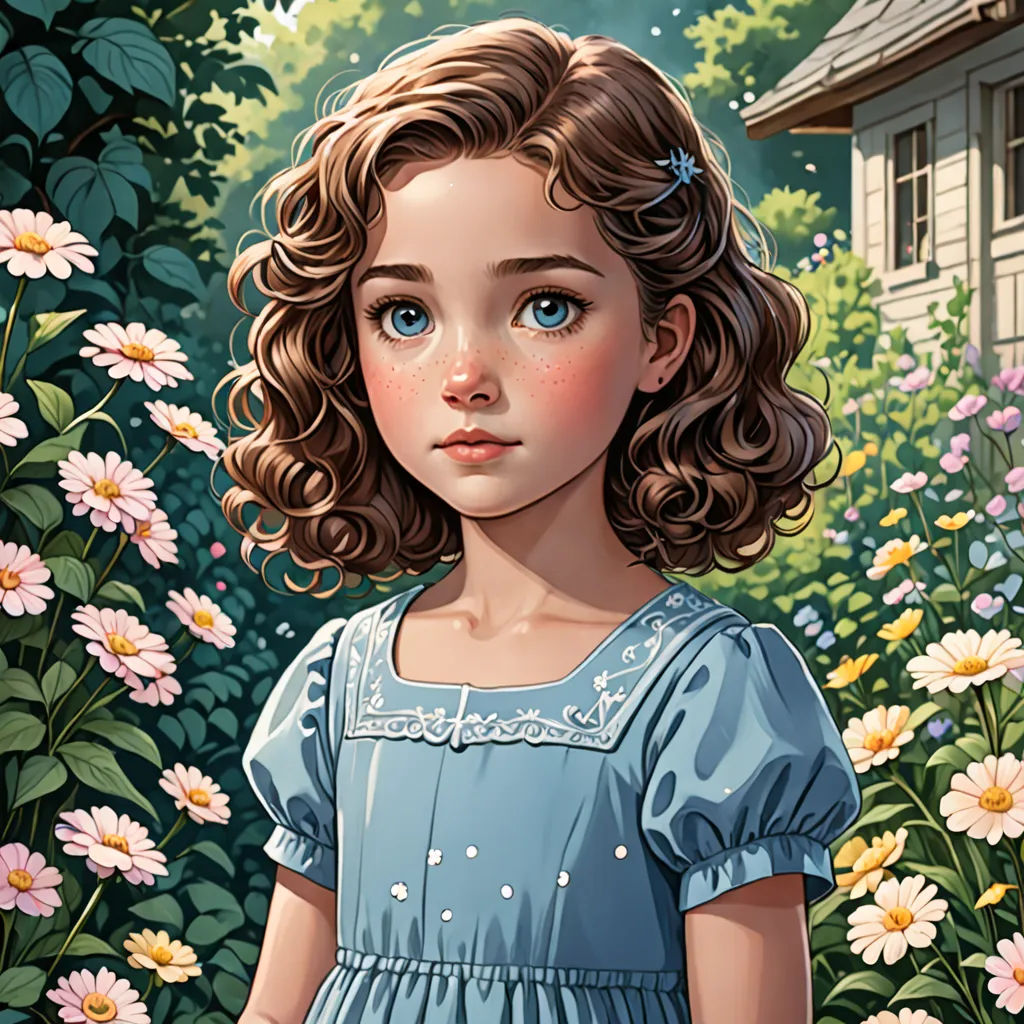 a painting of a little girl in a blue dress standing in a garden with flowers and a house in the background, fantasy art, an ultrafine detailed painting, Constance Gordon-Cumming, highly detailed digital painting