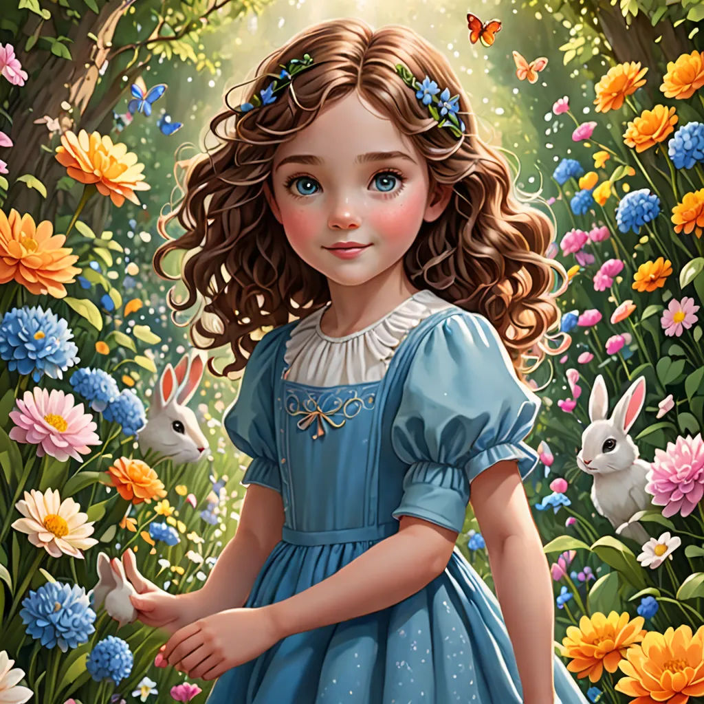 a painting of a little girl in a blue dress in a garden with flowers and rabbits in the grass, gothic art, a storybook illustration, Alice Prin, highly detailed digital painting