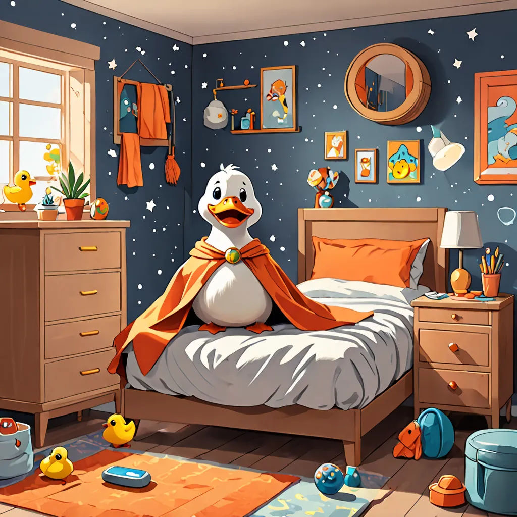 a cartoon duck sitting on a bed in a bedroom with a star theme on the wall and a rug, context art, a storybook illustration, Chris LaBrooy, rossdraws global illumination