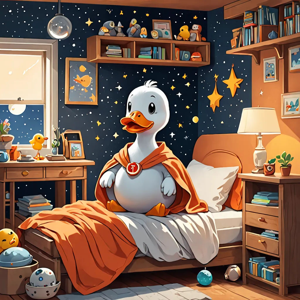 a duck in a bedroom with a star filled wallpaper and a bed with a blanket on it and a night stand, space art, a storybook illustration, Chris LaBrooy, rossdraws global illumination