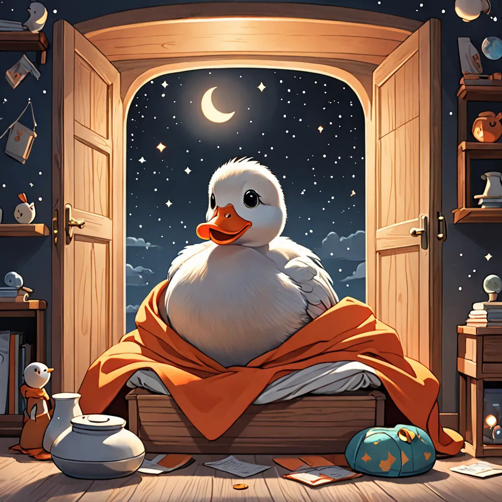 a duck is sitting on a bed under a blanket in a room with a door open and a night sky filled with stars, space art, a storybook illustration, Chris LaBrooy, rossdraws global illumination