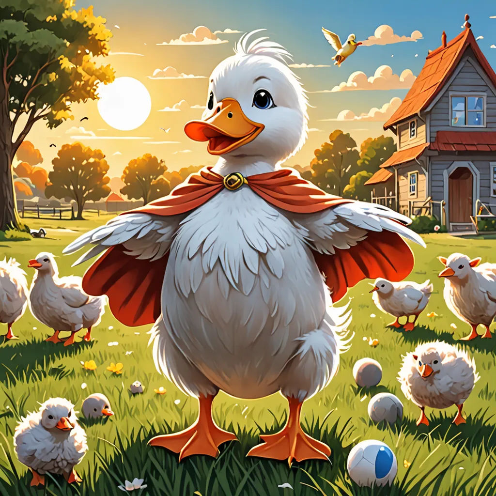 a duck with a red cape standing in a field of chickens and eggs with a house in the background, symbolism, a storybook illustration, Chris LaBrooy, key art