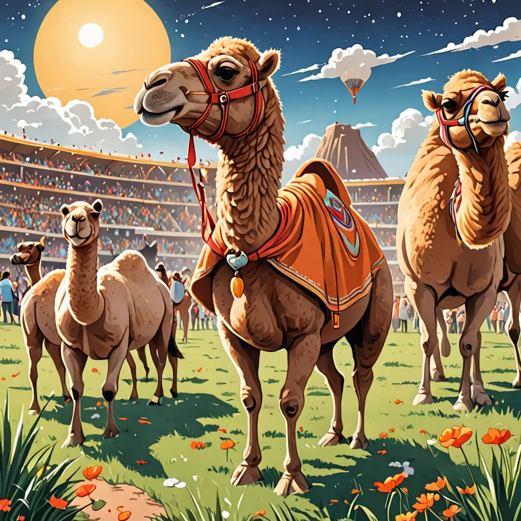 a painting of camels in a field with a stadium in the background and a sky full of clouds, retrofuturism, a storybook illustration, Chris LaBrooy, josan gonzales and dan mumford