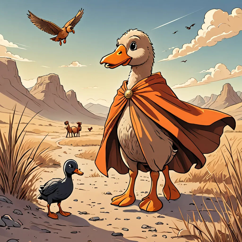 a cartoon duck with a cape and a bird in the desert with a sky background and clouds in the sky, superflat, a storybook illustration, Dan Mumford, josan gonzales and dan mumford
