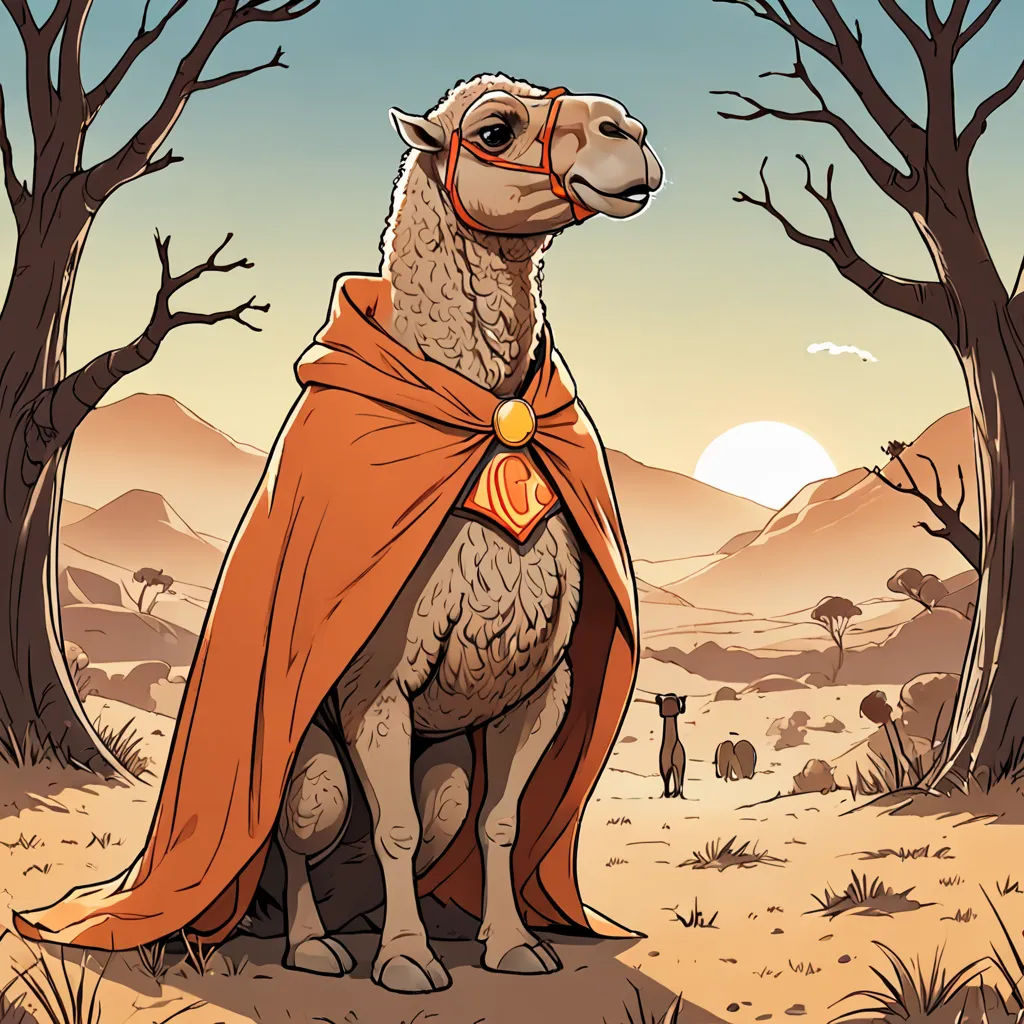 a cartoon of a camel dressed in a cape and standing in a desert area with a man in the background, serial art, a character portrait, Chris LaBrooy, rossdraws global illumination