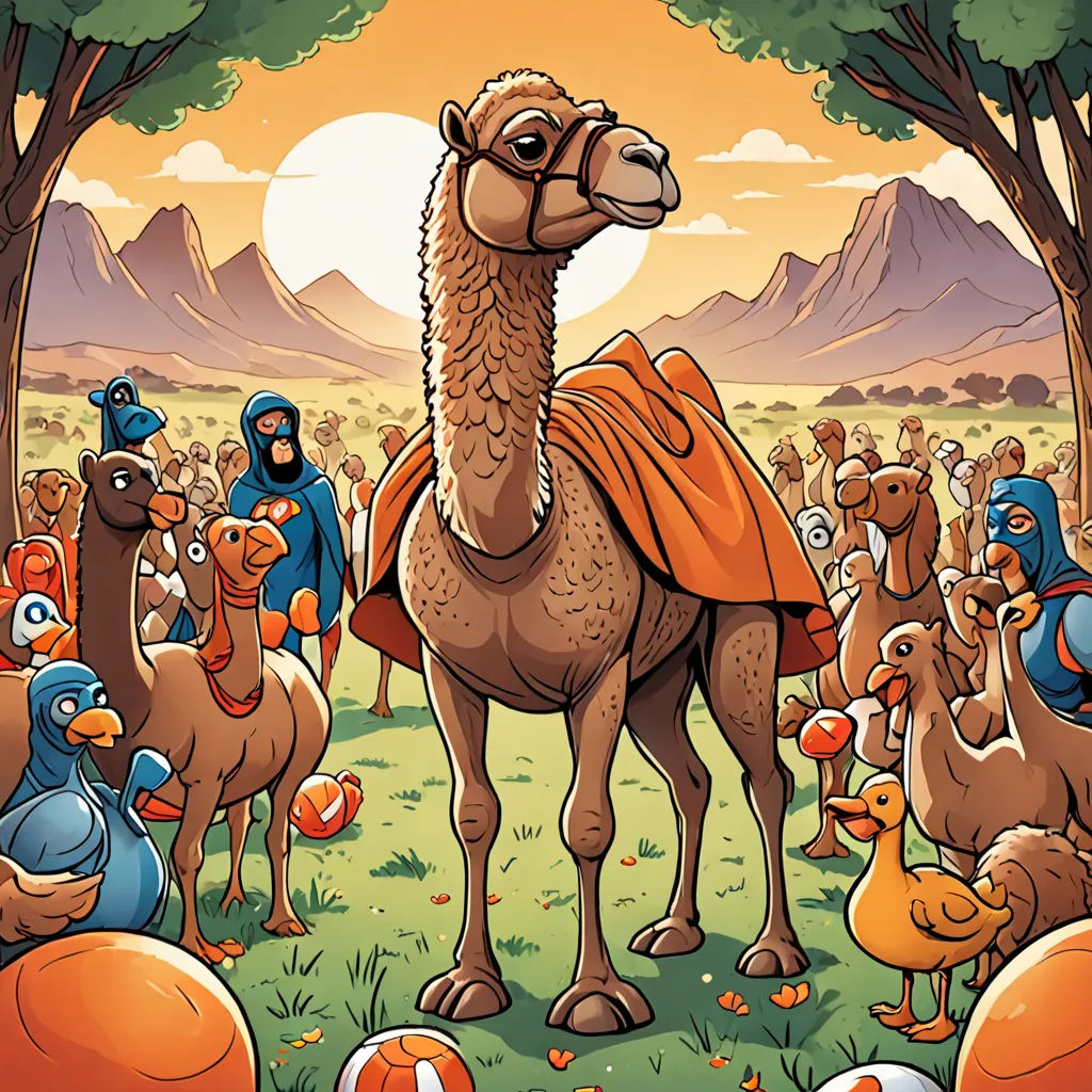 a cartoon of a camel surrounded by other animals and birds in a desert setting with mountains in the background, context art, a storybook illustration, Chris LaBrooy, josan gonzales and dan mumford