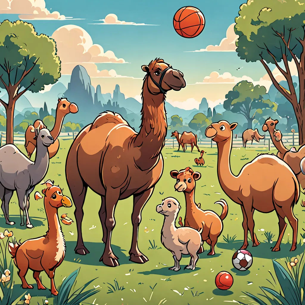 a group of animals standing around a basketball ball in a field of grass and trees with mountains in the background, context art, a storybook illustration, Chris LaBrooy, furaffinity