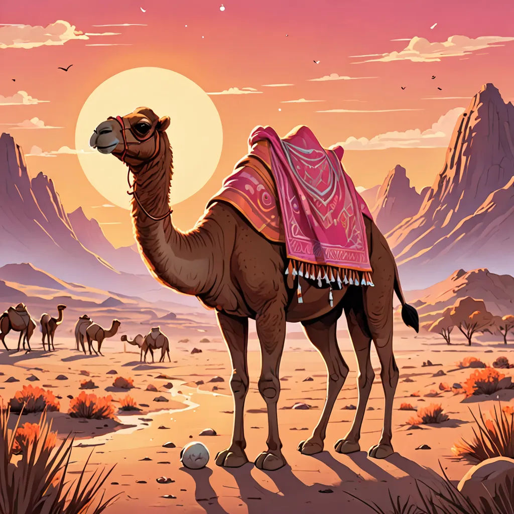 a camel with a blanket on its back in the desert with a sunset in the background and a few birds flying over it, dau-al-set, a storybook illustration, Chris LaBrooy, desert