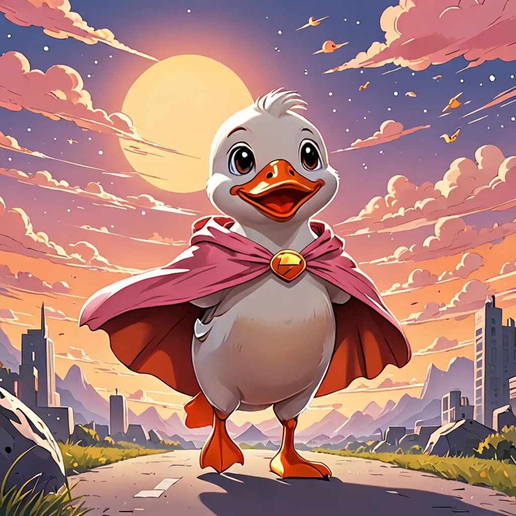 a cartoon duck with a cape on walking down a road at sunset with a city in the background and a pink sky, dau-al-set, a comic book panel, Chris LaBrooy, official art