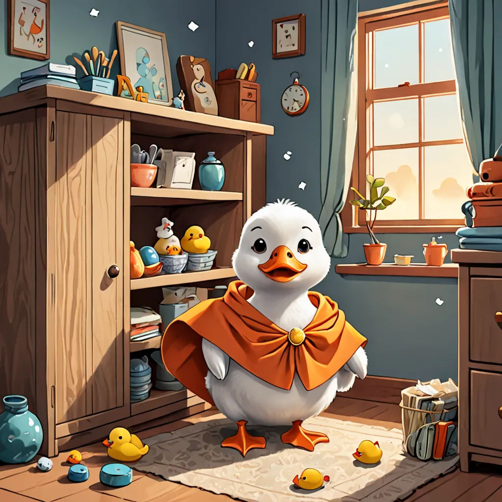 a cartoon duck with a scarf around its neck in a room with a bookcase and a dresser with a clock, lyco art, a storybook illustration, Chris LaBrooy, storybook illustration