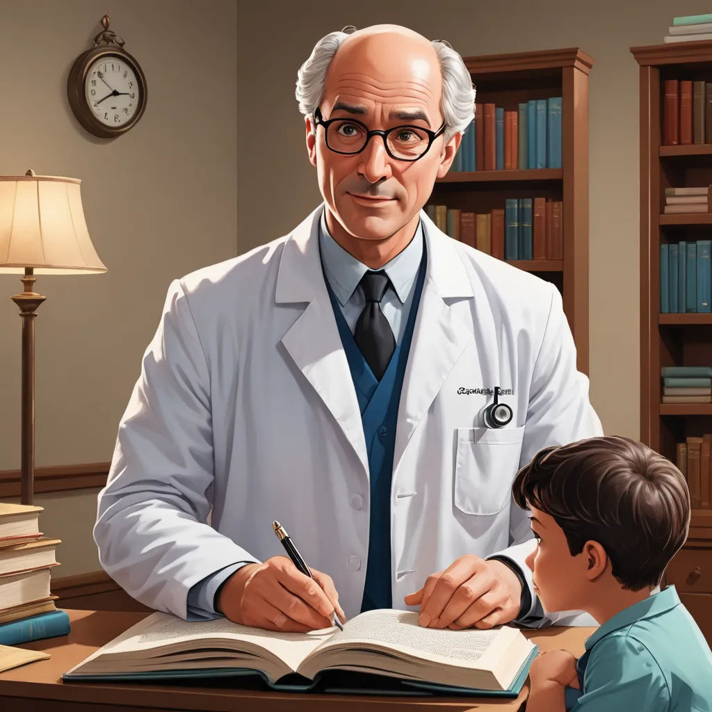 a man in a white lab coat is writing in a book with a boy in a blue shirt and tie, sots art, a storybook illustration, Dr. Atl, storybook illustration