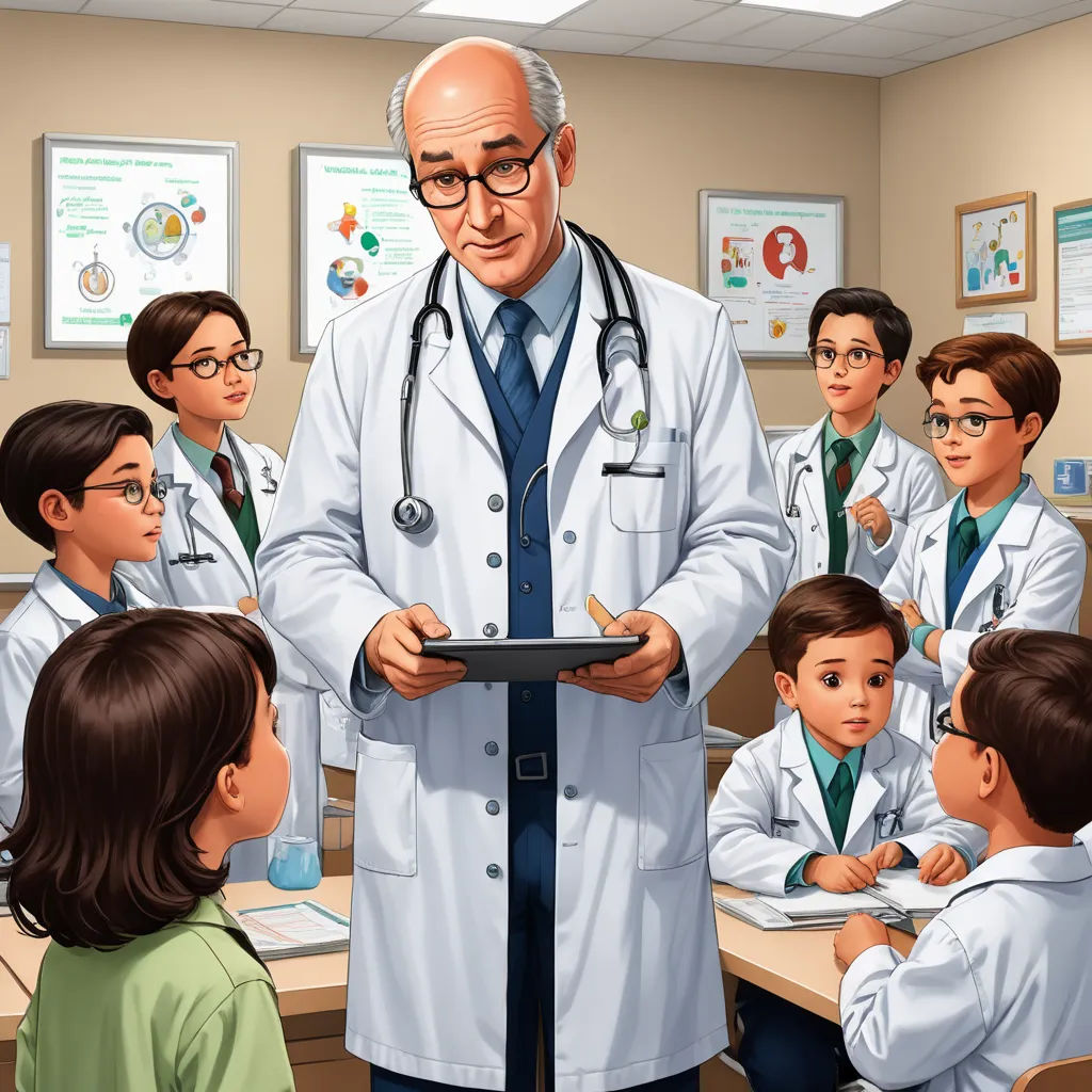 a doctor is standing in front of a group of children in a classroom with a tablet computer in his hand, sots art, a storybook illustration, F Scott Hess, promotional image