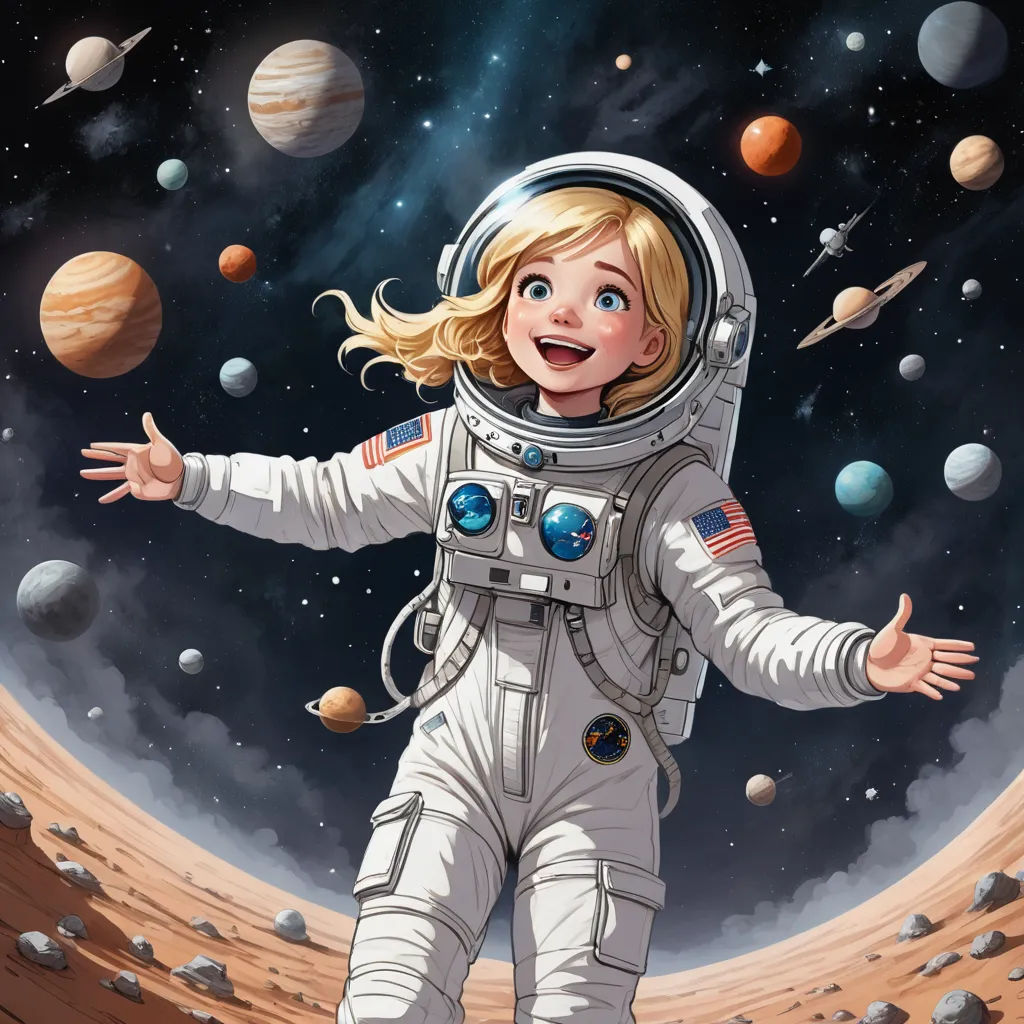 a young girl in a space suit standing on a planet with planets around her and a hand out to the side, space art, a storybook illustration, Aaron Jasinski, space