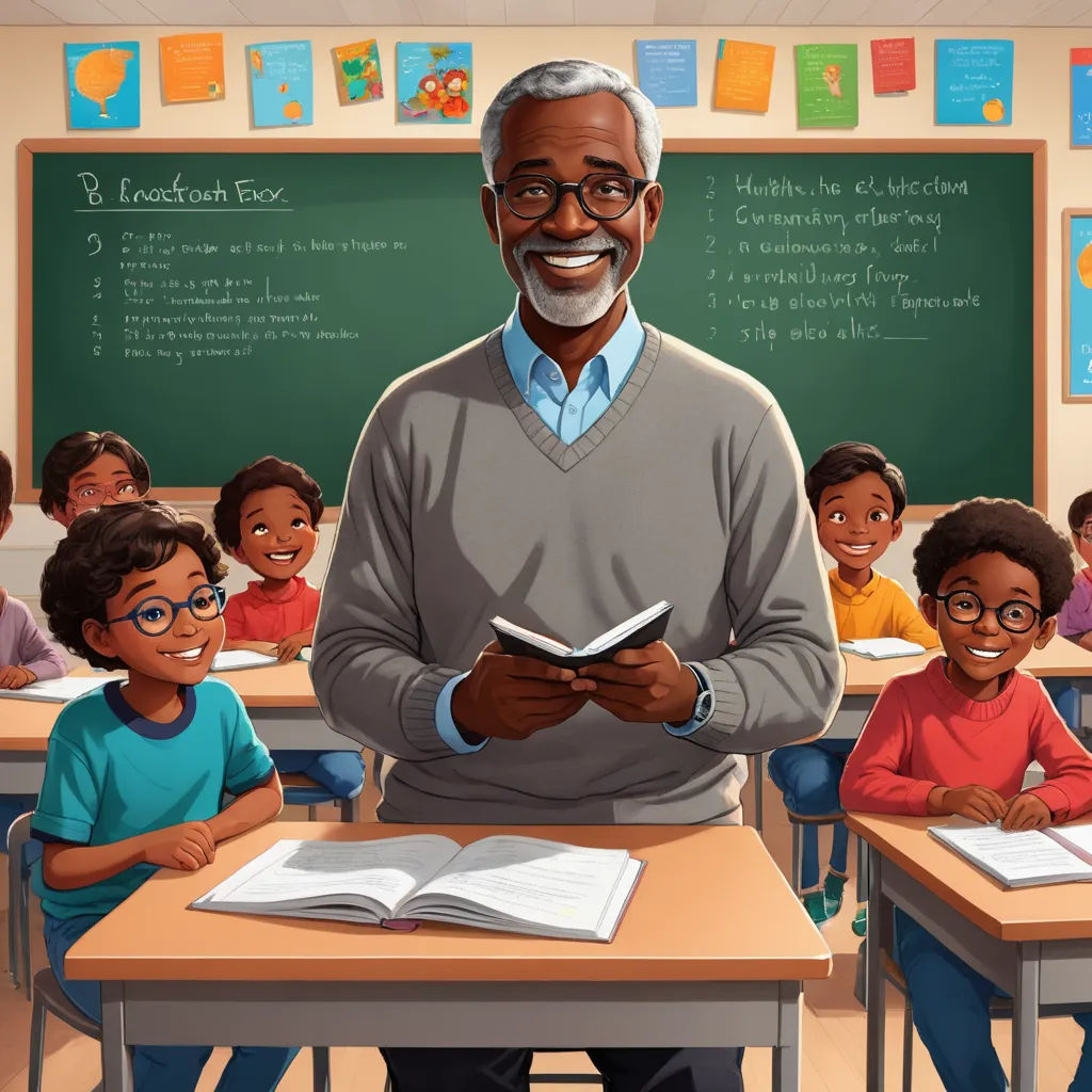 a man standing in front of a classroom full of children with a book in his hands and a teacher standing behind him, american scene painting, a storybook illustration, Allan Brooks, storybook illustration