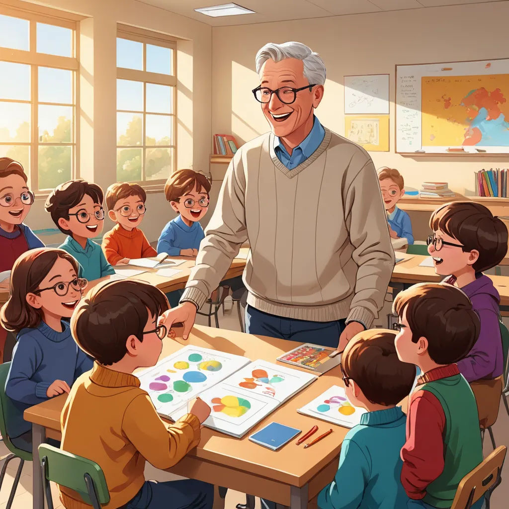 a man standing in front of a classroom full of children with a board game on it's table, american scene painting, a storybook illustration, Charles Schulz, storybook illustration