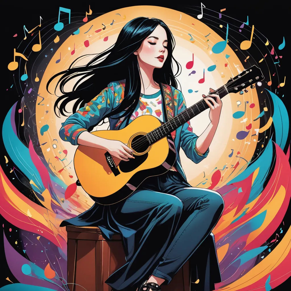 a woman sitting on a stool playing a guitar with musical notes around her and a full moon in the background, psychedelic art, vector art, artist, highly detailed digital painting