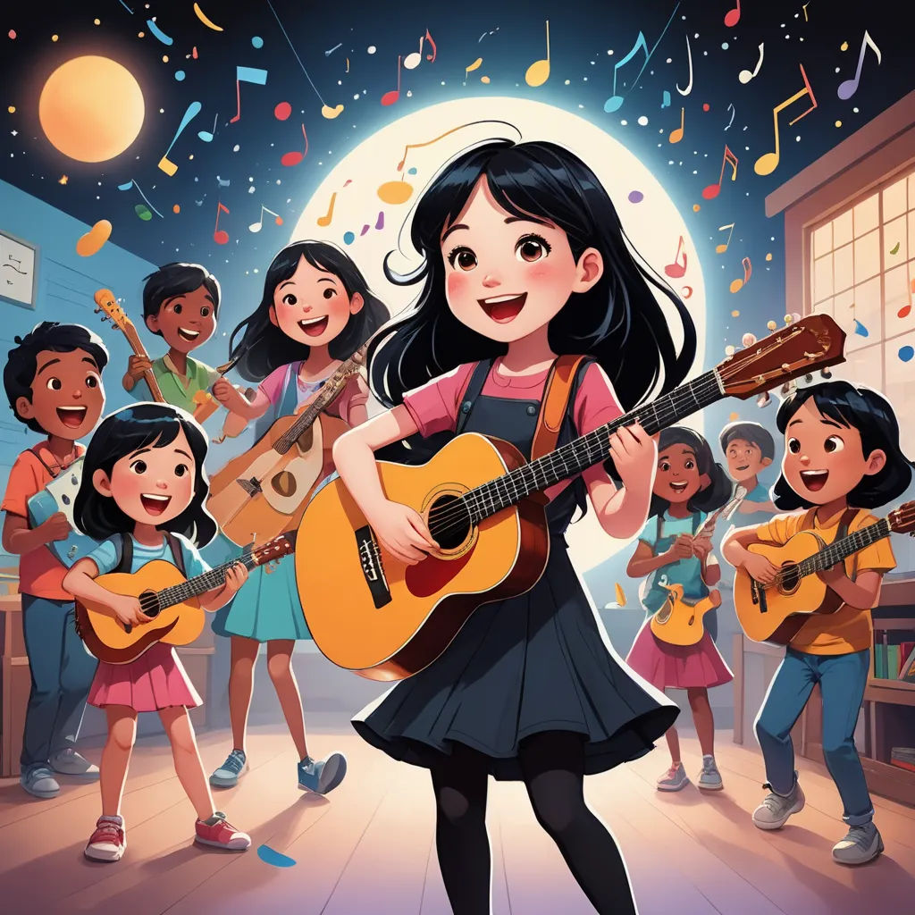 a girl playing a guitar in front of a group of children singing and singing with musical instruments in the background, lyco art, a storybook illustration, Audrey Kawasaki, comic cover art