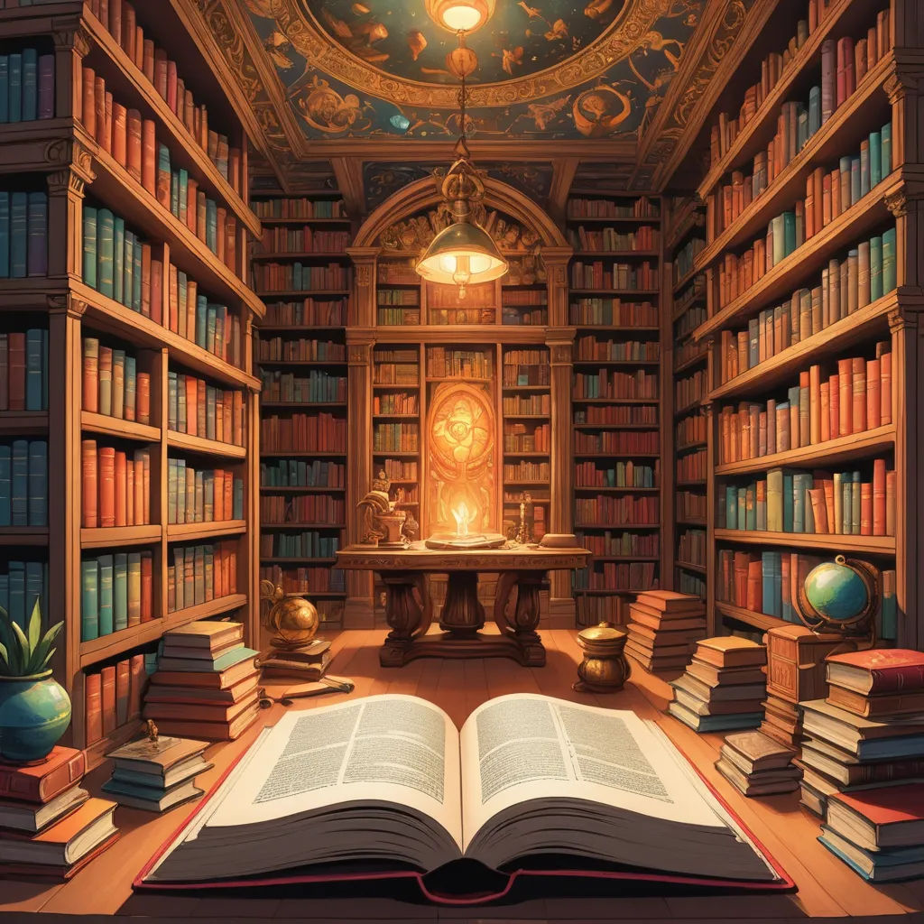 a room with a lot of books and a table with a lamp on it and a big book in the middle, academic art, a storybook illustration, Cyril Rolando, storybook illustration