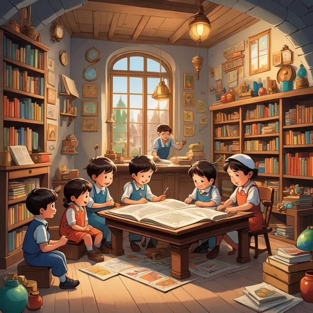 a group of children sitting around a table in a library reading books and writing on paper with a teacher, fantasy art, a storybook illustration, Diego Gisbert Llorens, storybook illustration