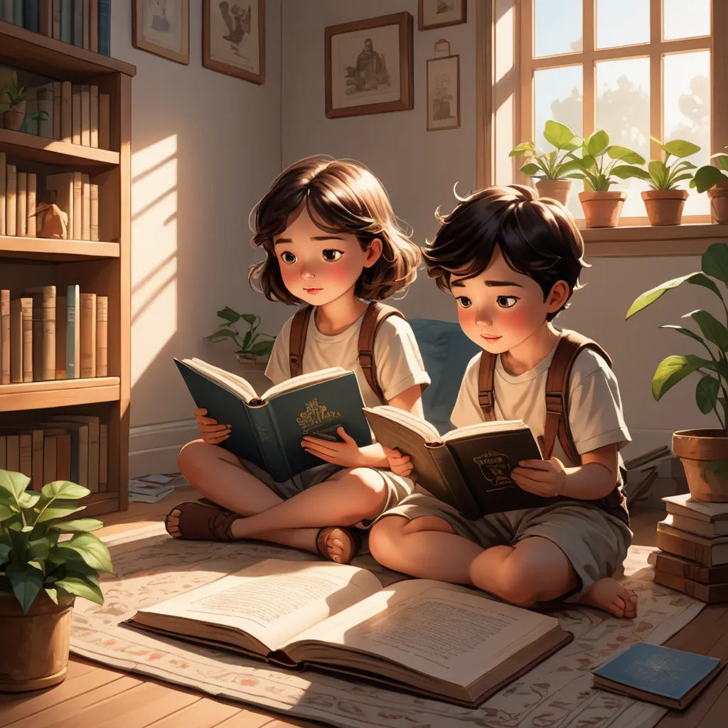 two children sitting on the floor reading books together, with a plant in the corner of the room behind them, fantasy art, a storybook illustration, Diego Gisbert Llorens, rossdraws global illumination