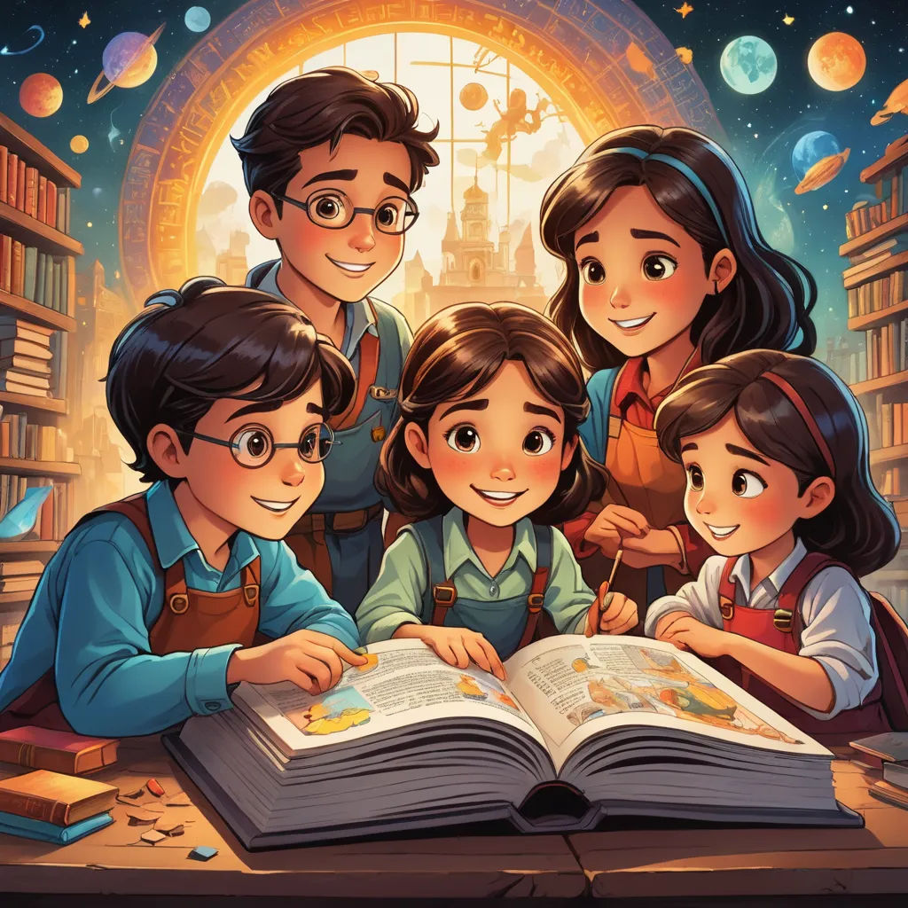 a group of children reading a book together in a library with a book on the table and a book on the floor, art & language, a storybook illustration, Diego Gisbert Llorens, storybook illustration