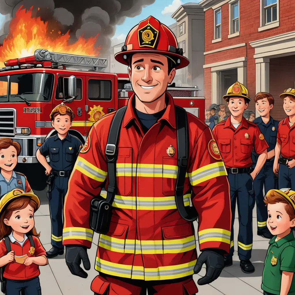 a fireman standing in front of a fire with a group of children watching him and a fire truck in the background, american scene painting, a storybook illustration, Chris LaBrooy, promotional image