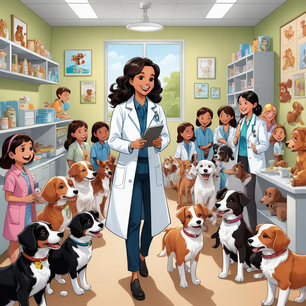 a woman in a veterinatic's office surrounded by dogs and puppies, and a dog groomer, furry art, a storybook illustration, David Brewster, promotional image