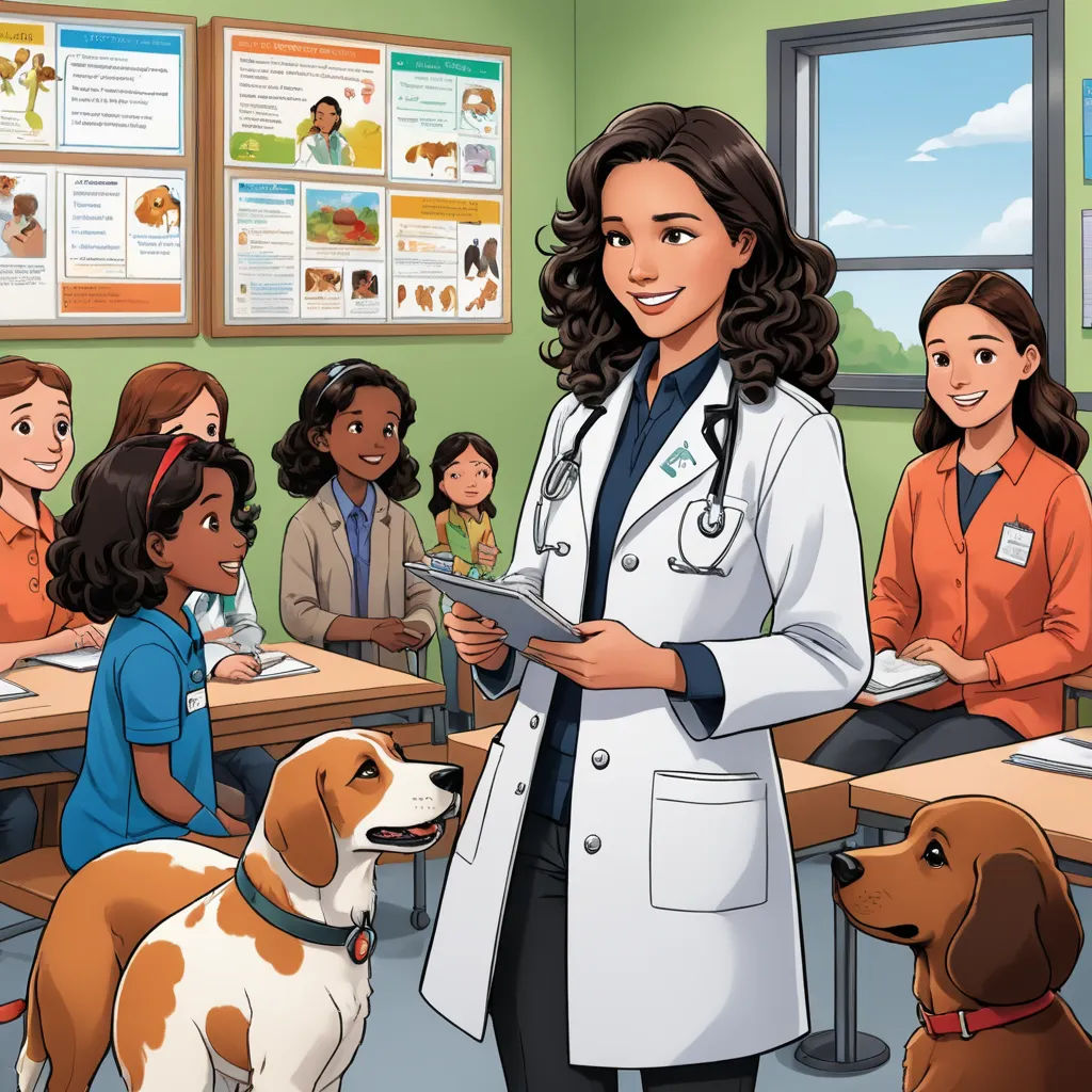 a cartoon of a woman in a lab coat standing in front of a group of children and a dog, american scene painting, a storybook illustration, David Brewster, promotional image