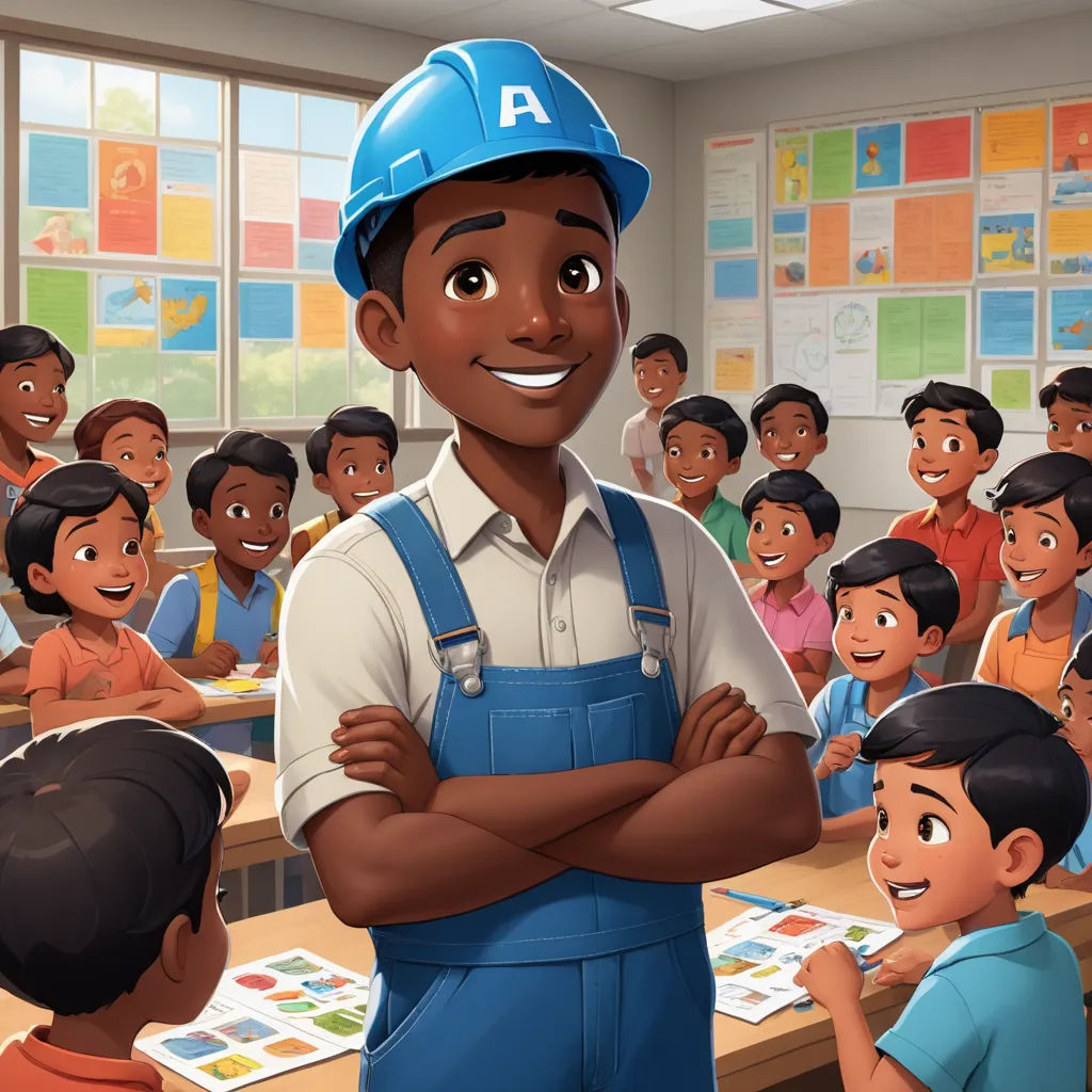 a cartoon of a man in a blue hard hat standing in front of a classroom full of children with their arms crossed, american scene painting, concept art, Chris LaBrooy, official art