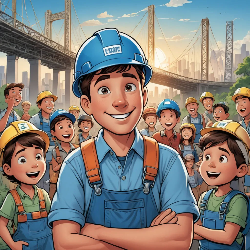 a man in a hard hat standing in front of a group of people with a bridge in the background, lyco art, a storybook illustration, Eddie Mendoza, comic cover art