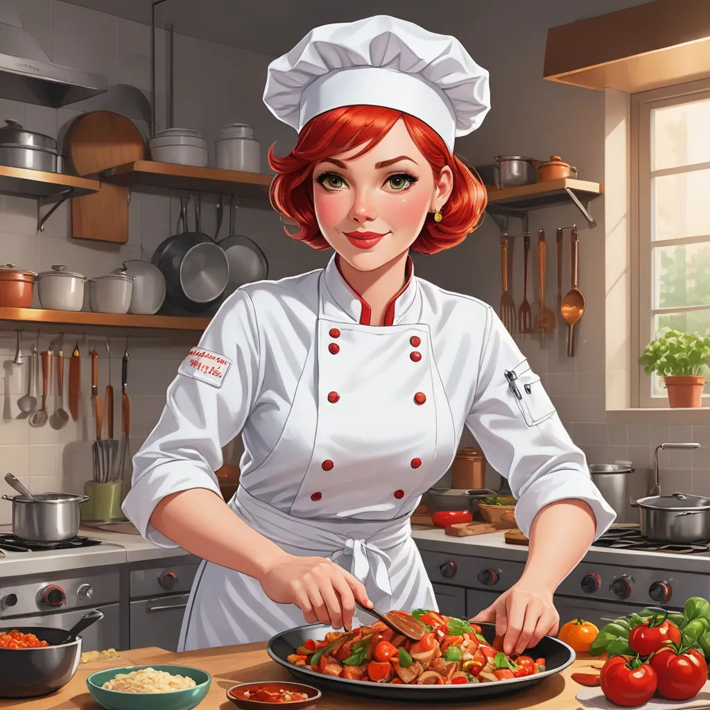 a woman in a chef's outfit is cooking in a kitchen with a plate of food on the counter, sots art, a character portrait, Constance Gordon-Cumming, game art