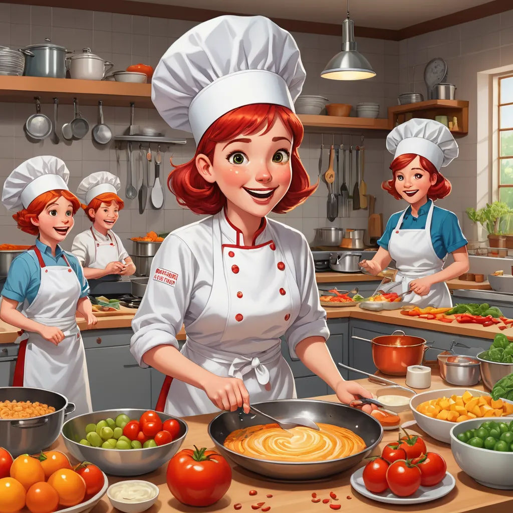 a woman in a kitchen cooking with other women in the background and a table full of food on it, sots art, concept art, Alejandro Burdisio, kinkade