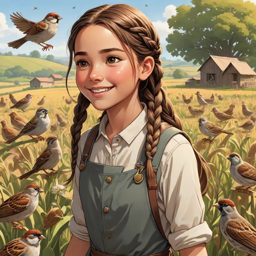 a girl with a braid standing in a field of birds with a barn in the background and a bird flying overhead, Claire Falkenstein, fantasy art, a storybook illustration, birds