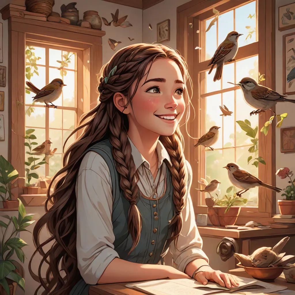 a girl sitting at a desk with birds flying around her and a window in the background with a bird on it, Artgerm, fantasy art, a storybook illustration, rossdraws global illumination