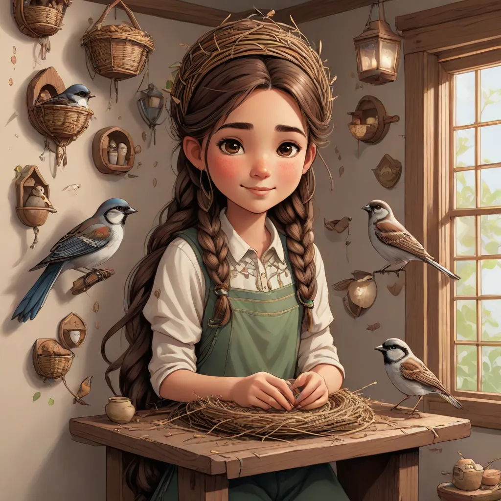 a girl sitting at a table with birds on the wall behind her and a bird nest in front of her, Artgerm, fantasy art, a storybook illustration, storybook illustration