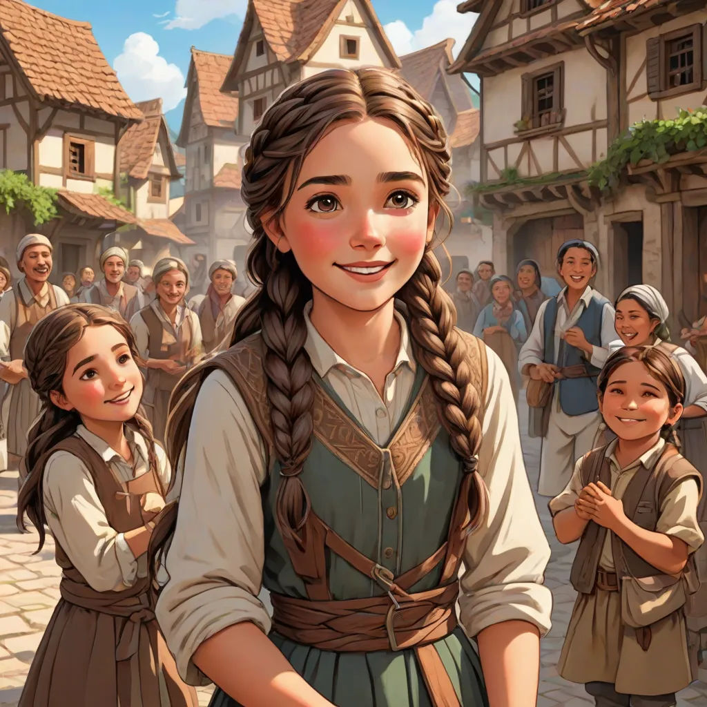 a painting of a girl in a village with other children in the background and a man in a brown shirt, Claire Falkenstein, fantasy art, a storybook illustration, kinkade