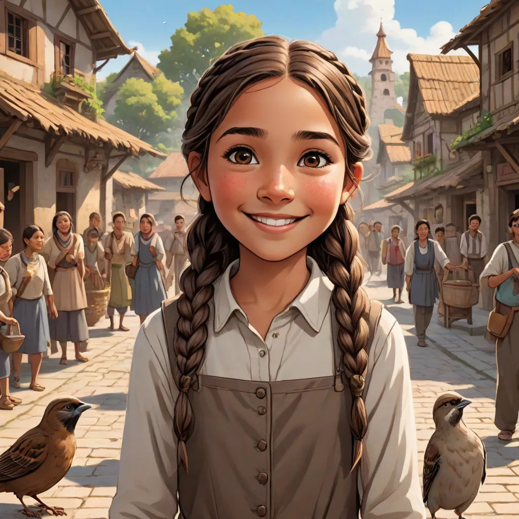 a girl with a bird on her shoulder and a crowd of people in the background behind her, all of which are standing on a cobblestone, Claire Falkenstein, magical realism, a storybook illustration, cgstudio