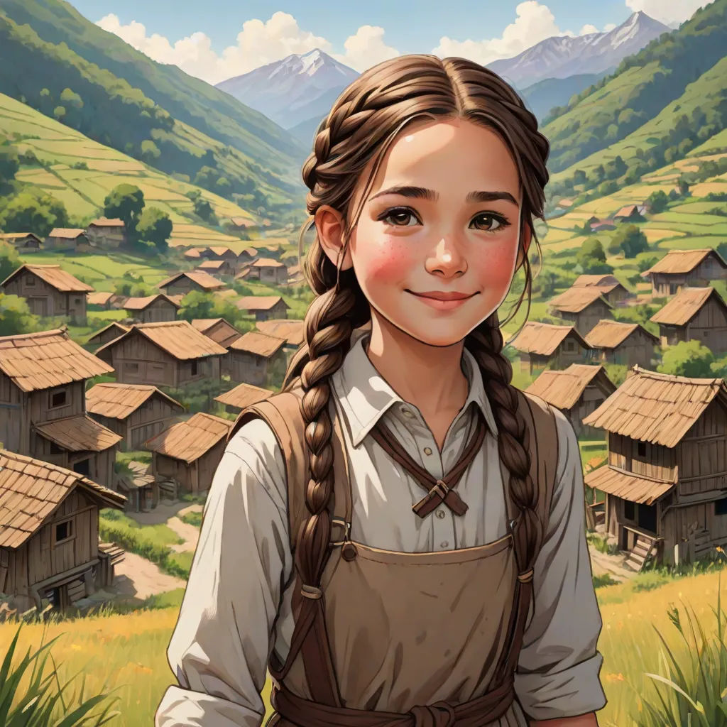 a girl with braids standing in front of a village with mountains in the background and a village with houses, Claire Falkenstein, fantasy art, a character portrait, fantasy character portrait